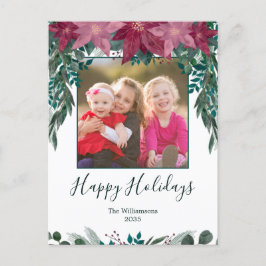 Rustic Red Rosa Poinsettia Greenery Photo Helgdag Vykort