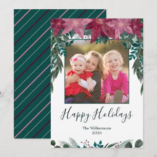 Rustic Red Rosa Poinsettias Greenery Boho Photo Julkort