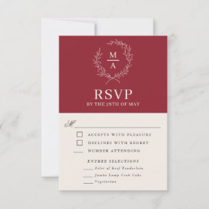 Rustic Red Simple Elegant Monogram OSA med Måltide Kort