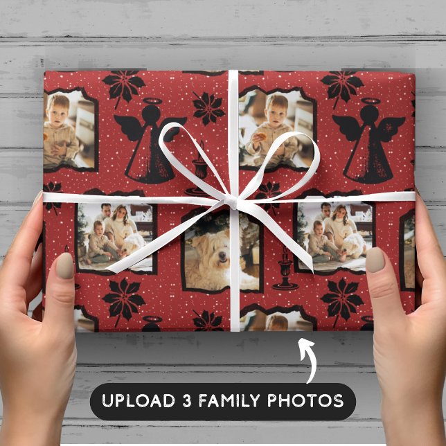 Rustic Red Stamped Angel 3-familjfoto Presentpapper (Skapare uppladdad)