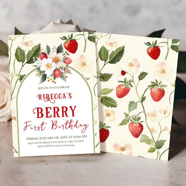 Rustic Red Strawberry Theme Berry Första födelseda Inbjudningar (Skapare uppladdad)