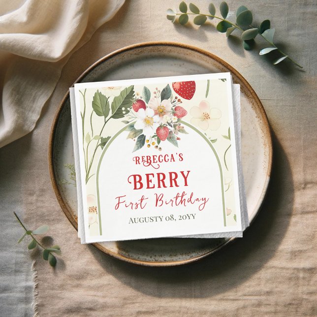 Rustic Red Strawberry Theme Berry Första födelseda Pappersservett (Skapare uppladdad)