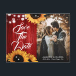 Rustic Red Sunflower Wedding Photo Save The Date Meddelande Vykort<br><div class="desc">Rustic red and sunflower wedding photo save the date photo postcard featuring sunflowers and string lights on a rustic wood background.</div>
