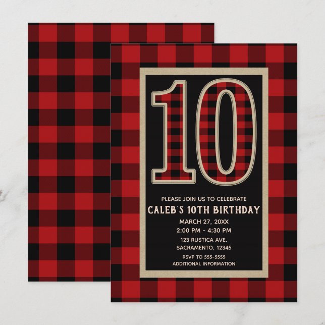 Rustic Red Svart Buffalo-rutig 10-årsfest Inbjudningar (Fram/baksida)
