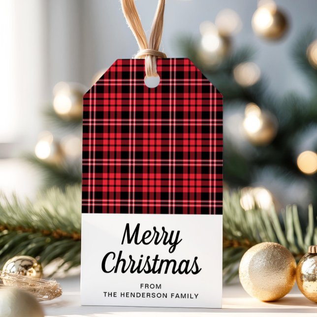 Rustic Red Tartan Play God jul Presentetikett (Rustic Red Tartan Plaid Merry Christmas Gift Tags)