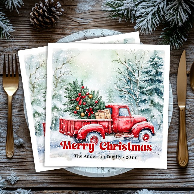 Rustic red truck Christmas scene festive napkins Pappersservett (Rustic red truck Christmas scene festive napkins)