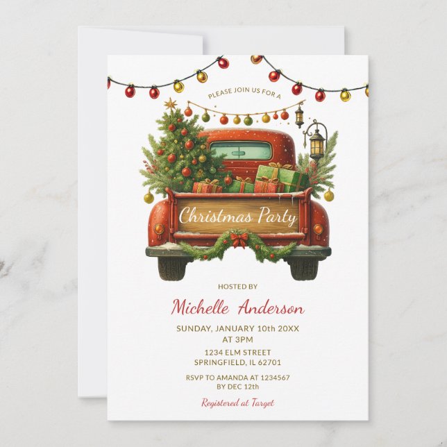 Rustic Red Truck Winter Pine Tree Christmas Party Inbjudningar (Framsida)