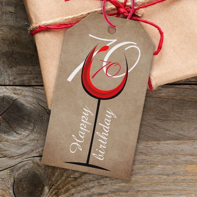 Rustic Red Vin Glass skript 70:e födelsedagen Presentetikett (Skapare uppladdad)