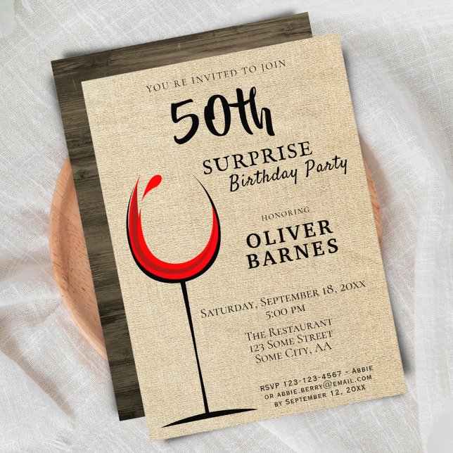 Rustic Red Vin Surprise 50:e Födelsedagsfesten Inbjudningar (Skapare uppladdad)
