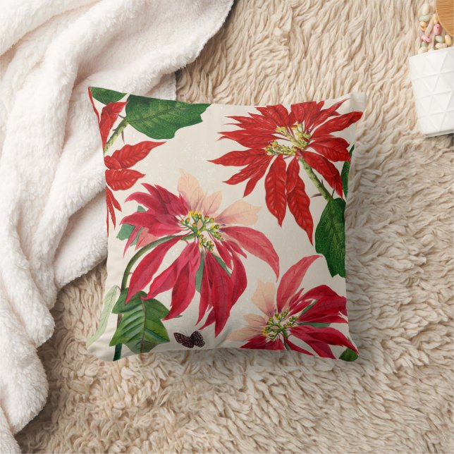 Rustic Red Watercolor Poinsettia Blommigt Greenery Kudde (Filt)