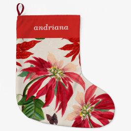 Rustic Red Watercolor Poinsettia Blommigt Greenery Stor Julstrumpa