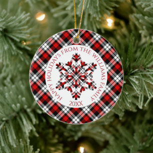 Rustic Red White Black Tartan Checks Snöflingor Julgransprydnad Keramik