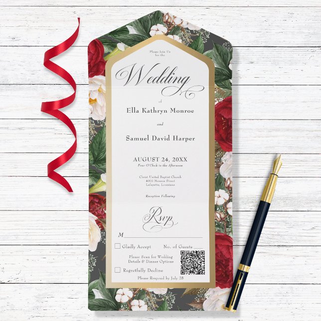 Rustic Red & White Blommigt Guld Ram QR-kod (Skapare uppladdad)