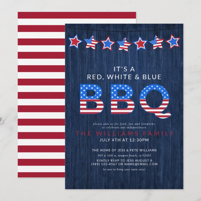 Rustic Red White & Blue BBQ Wood 4:e juli Inbjudningar (Fram/baksida)