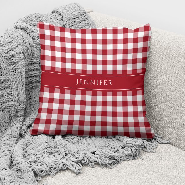 Rustic Red & White Gingham Mönster Namn Throw Kudde (Skapare uppladdad)