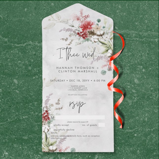 Rustic Red Winter Berries & Boho Cotton No Middag (Rustic Red Winter Berries & Boho Cotton No Dinner All In One Invitation)