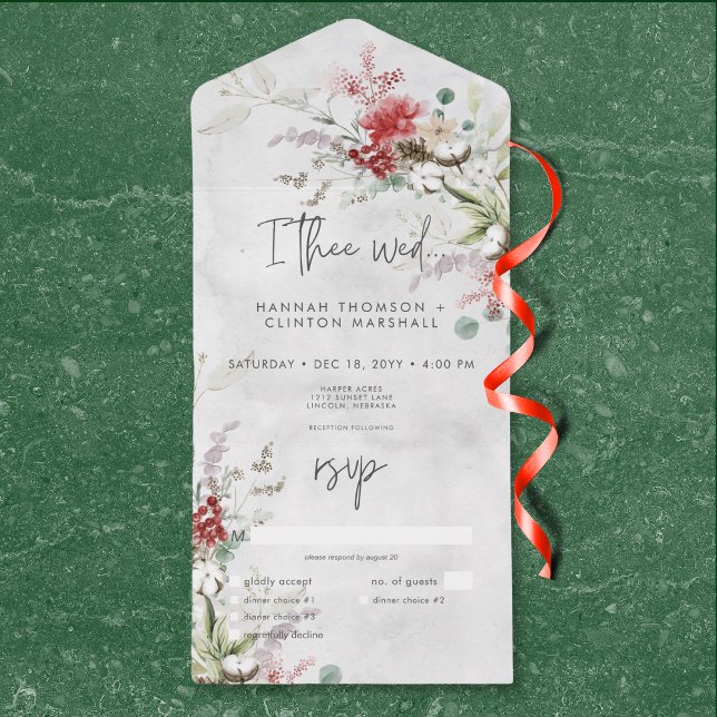 Rustic Red Winter Berries & Boho Cotton QR-kod (Rustic Red Winter Berries & Boho Cotton QR Code All In One Invitation)