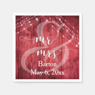 Rustic Red Wood, White Light Strings Mr & Mrs. Pappersservett