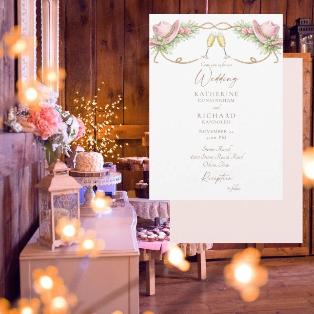 Rustic Redneck Pink Cowboy Hat Wedding Inbjudningar (Skapare uppladdad)