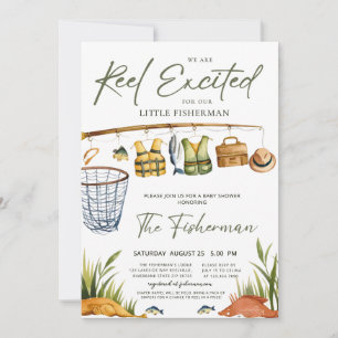 Rustic Reel Exalterad Liten Fiskare Bebis Shower Inbjudningar