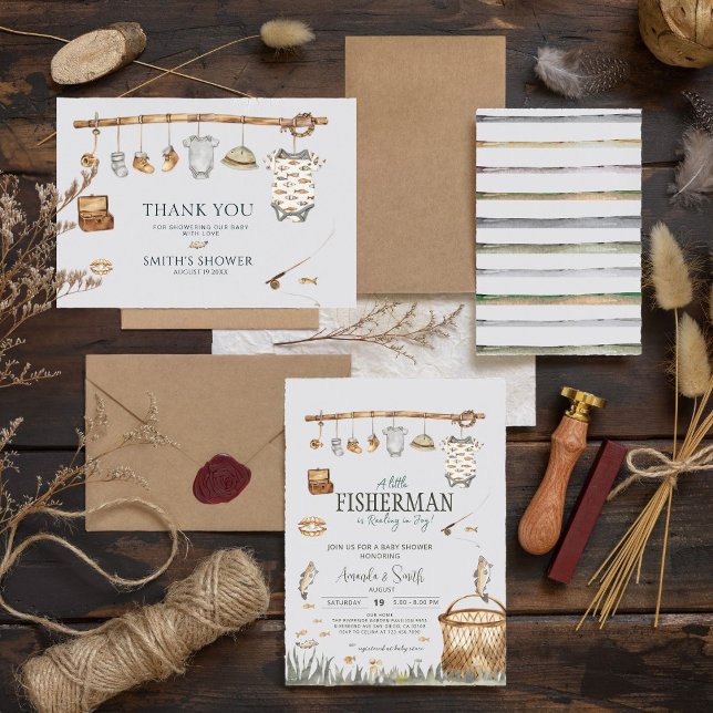 Rustic Reel Roligt Fishing Baby Shower Tack Kort (Skapare uppladdad)