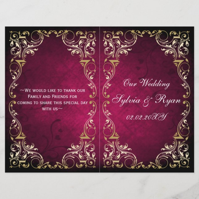 Rustic Regal Ornamental Fuchsia och Guld Bröllop (Framsida)