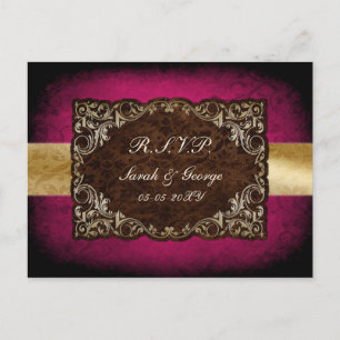 Rustic Regal Ornamental Fuchsia och Guld Bröllop Inbjudan Vykort
