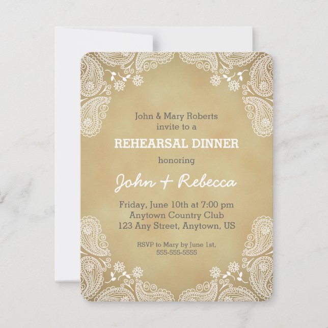 Rustic Rehearsal Dinner Inbjudan, White Paisley Inbjudningar (Framsida)