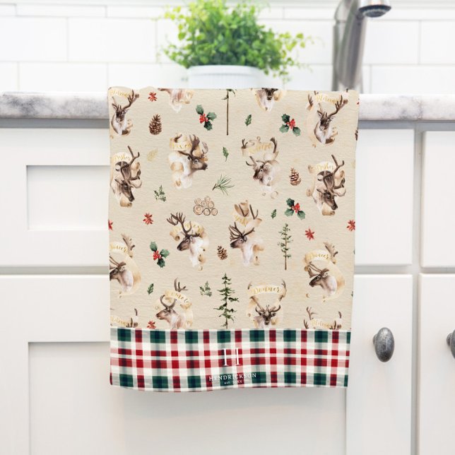 Rustic Reindeer Farmhouse Family Namn Monogram Kökshandduk (Skapare uppladdad)