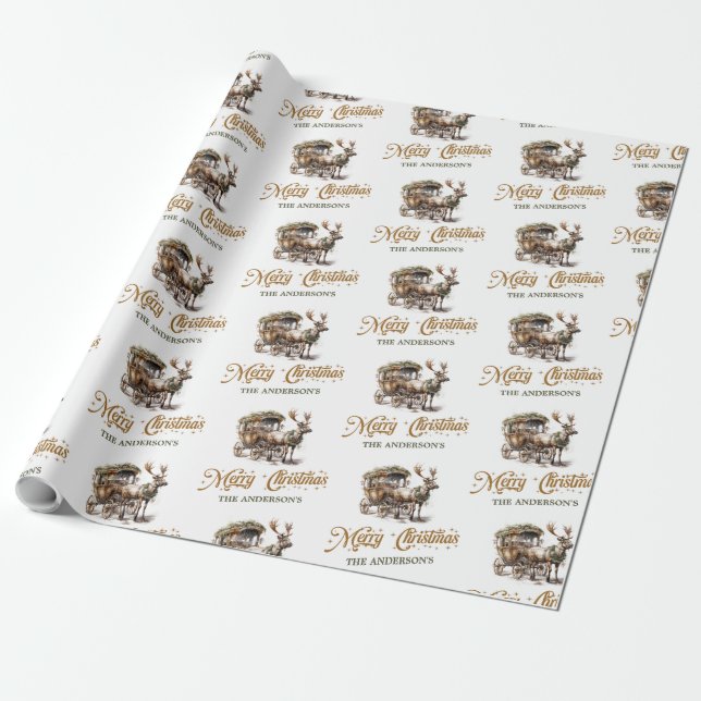 Rustic Reindeer och sleigh grey och guld chic Presentpapper (Utrullad)