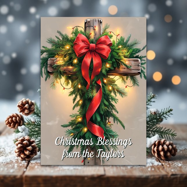 Rustic Religious Cross Christian Christmas Julkort (Rustic Cross Christmas Card with Garland and Bible Verse – Religious Holiday Blessings)