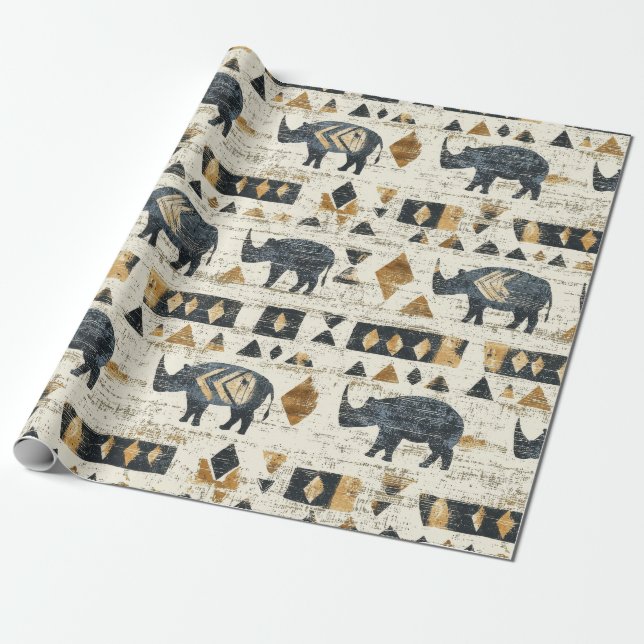 Rustic Rhino Tribal Pattern (1) Presentpapper (Utrullad)