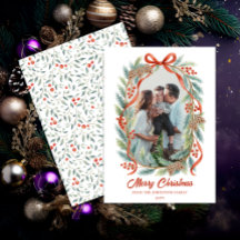 Rustic Ribbon Evergreen Photo Christmas Holiday
