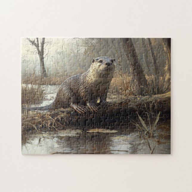 Rustic River Otter Wildlife Painting Pussel (Horisontell)