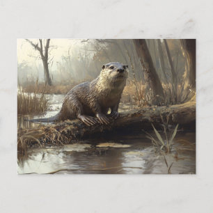 Rustic River Otter Wildlife Painting Vykort