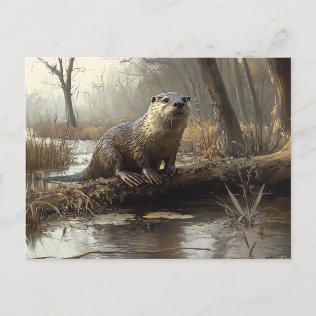 Rustic River Otter Wildlife Painting Vykort (Framsida)