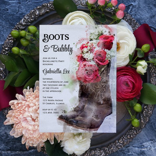 Rustic Ro Boots och Bubly Bachelorette Party Inbjudningar (Skapare uppladdad)