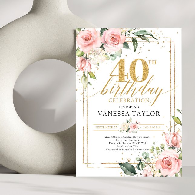 Rustic  ro eucalyptus guld 40-årsdag inbjudningar (Modern Boho blush pink floral gold glitter sparkles 40th birthday invitation digital)