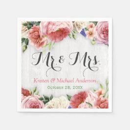 Rustic Ro Flowers White Wood Bröllop Monogram Pappersservett