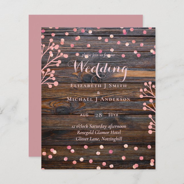 Rustic RO GULD Bröllop Rosa Wood Budget (Fram/baksida)