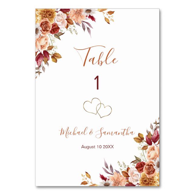 Rustic Ro och Chrysanthemum Fall Wedding Bordsnummer (Framsidan)