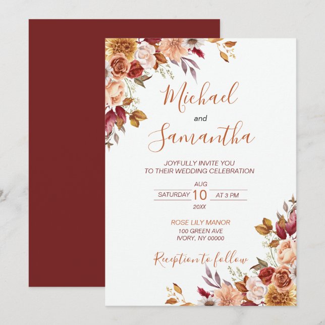 Rustic Ro och Chrysanthemum Fall Wedding Inbjudningar (Fram/baksida)