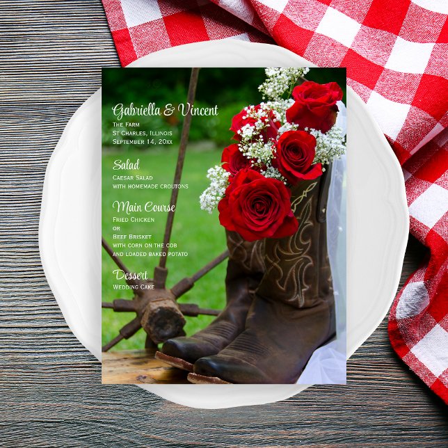 Rustic Ro och CowboyBoots Landsbyggsbröllop Menu (Skapare uppladdad)