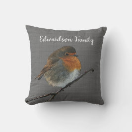 Rustic Robin-fågelfamiljen namn mörk grått-burlap Kudde