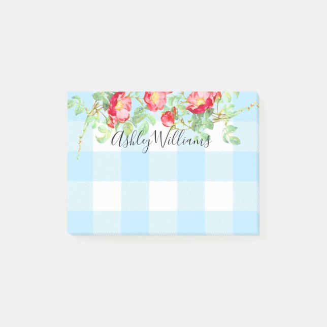 Rustic Röd ros Blommigt Blue Buffalo Plaid Namn 4x Post-it Block (Framsida)