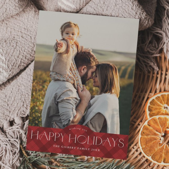 Rustic Röd Rutig 2 Foto Julkort (Rustic red plaid 2 photo holiday cards.)