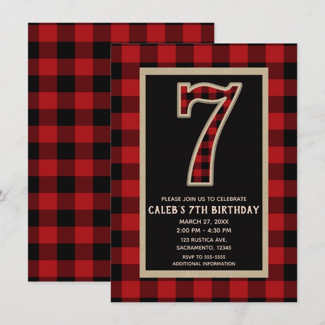 Rustic röd svart Buffalo-rutig 7-års födelsedagsfe Inbjudningar (Fram/baksida)