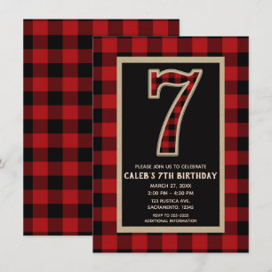 Rustic röd svart Buffalo-rutig 7-års födelsedagsfe Inbjudningar
