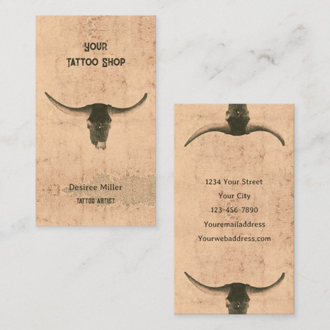 Rustic Rodeo Beige Brown Tatto Shop Bull Skull Visitkort (Fram/baksida)