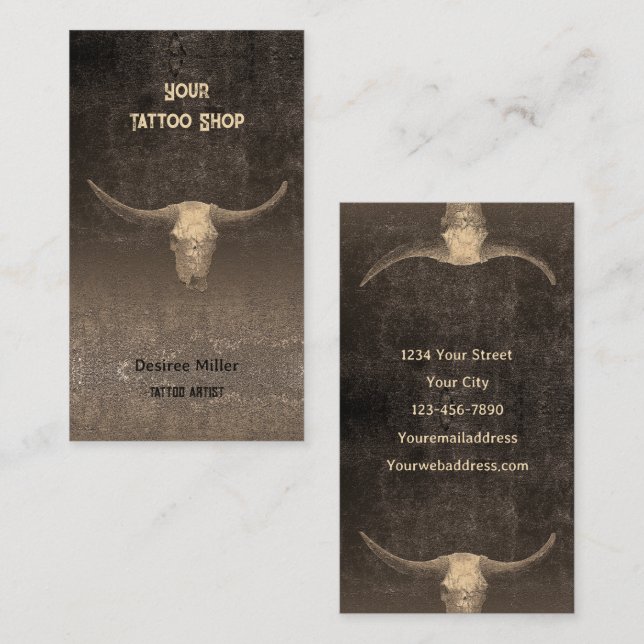 Rustic Rodeo Brown Struktur Tatto Shop Bull Skull Visitkort (Fram/baksida)